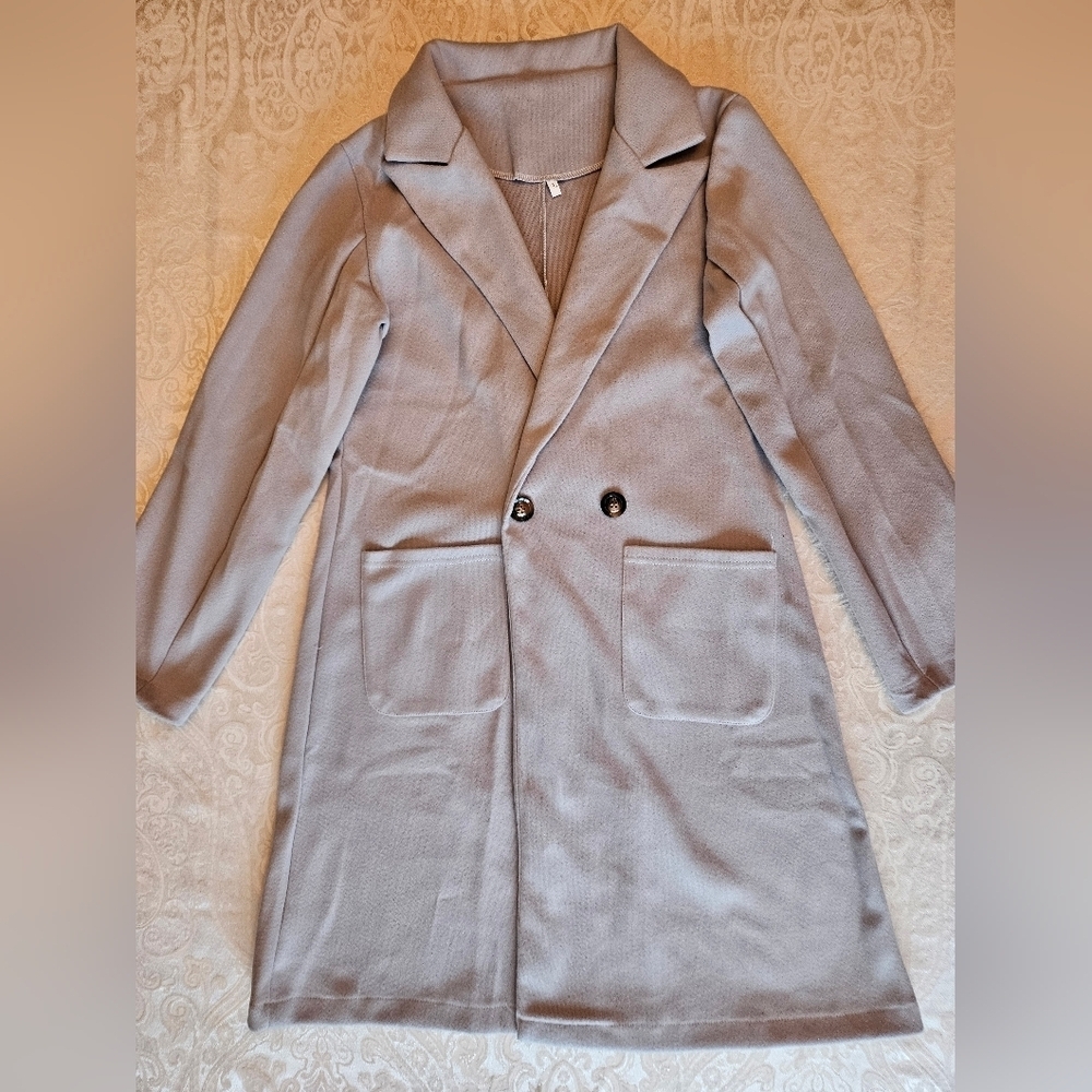 Size Large Chic Women's Lightweight Gray Knit Fabric Trench Coat, New in Bag
